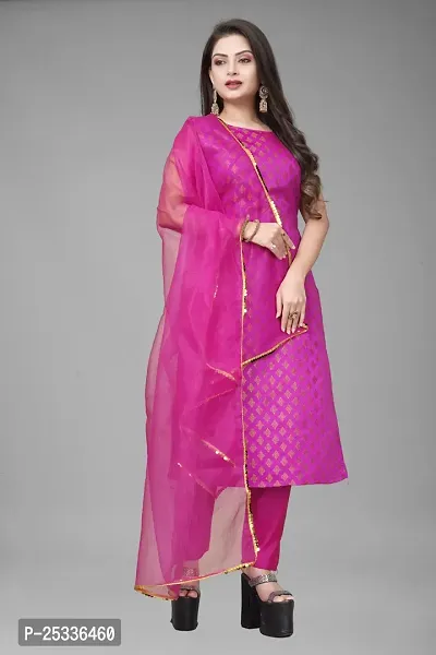 A-Line Pink Woven Design Jacquard kurta Set-thumb0