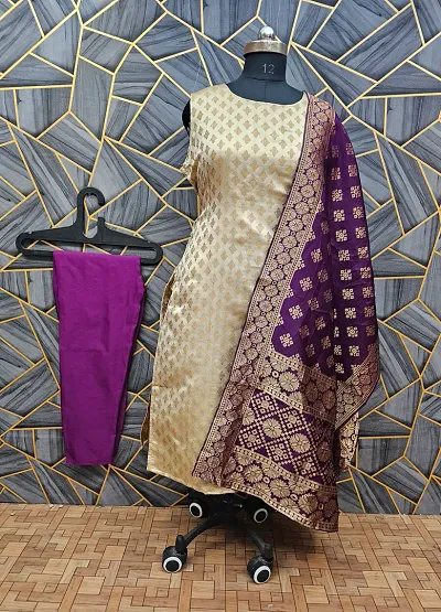 Stylish Jacquard Kurta And Pant With Dupatta Set For Women