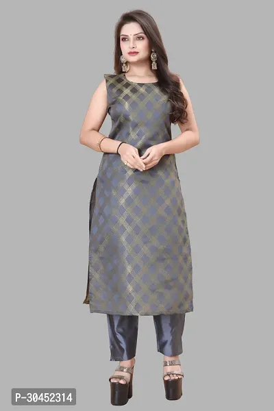 Elegant Grey Woven Design Jacquard A-Line Kurta Pant With Dupatta For Women-thumb2