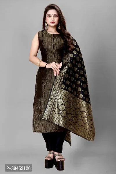 Elegant Black Woven Design Jacquard Kurta Pant With Dupatta For Women