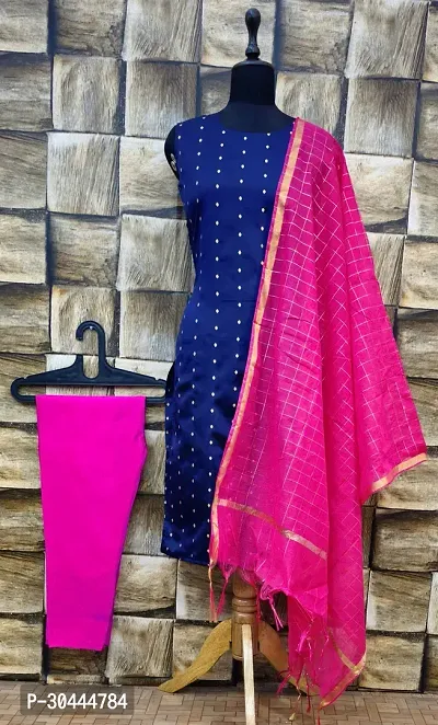 Stylish Navy Blue Jacquard Kurta, Bottom And Dupatta Set For Women