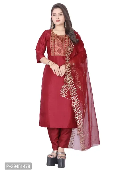 Stylish Maroon Silk Kurta, Bottom And Dupatta Set For Women