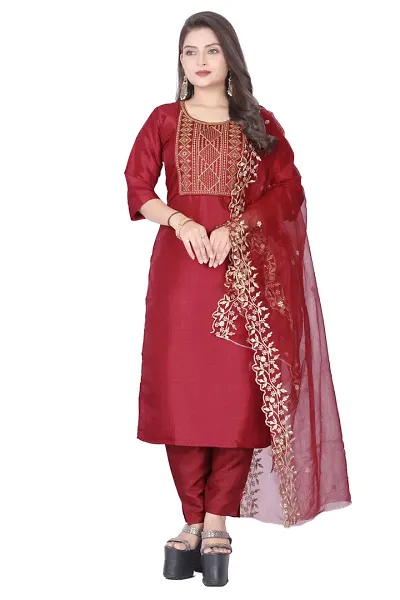 Stylish Silk Kurta, Bottom And Dupatta Set For Women