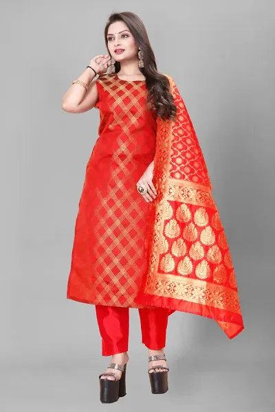 Stylish Jacquard A-Line Kurta With Bottom With Dupatta Set