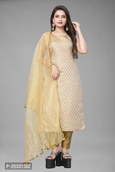 A-Line Beige Woven Design Jacquard kurta Set