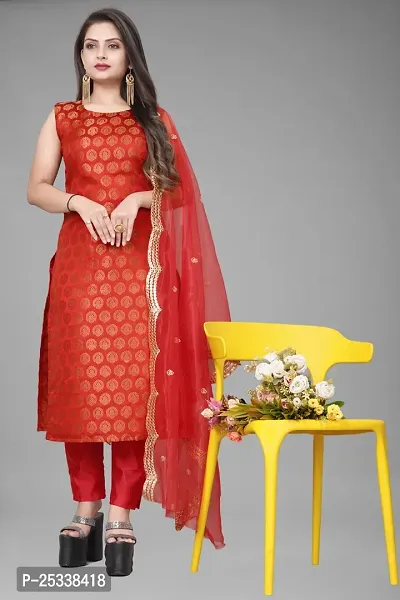 A-Line Red Woven Design Jacquard kurta Set-thumb0