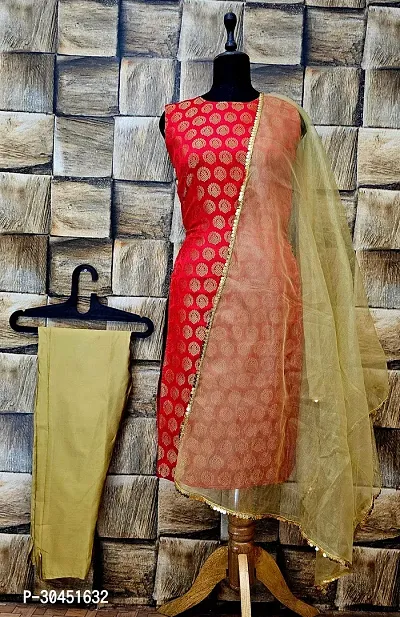 Elegant Red Woven Design Jacquard A-Line Kurta Pant With Dupatta For Women