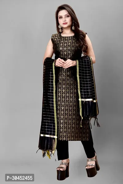 Elegant Black Woven Design Jacquard A-Line Kurta Pant With Dupatta For Women-thumb0