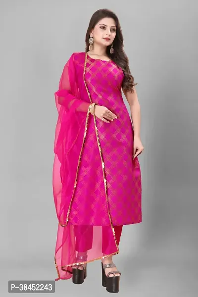 Elegant Pink Woven Design Jacquard A-Line Kurta Pant With Dupatta For Women