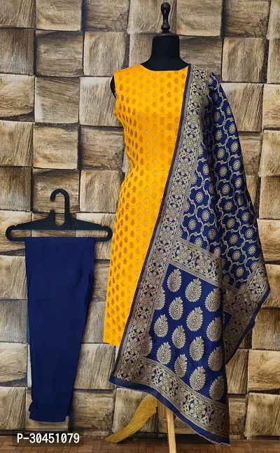 Stylish Yellow Jacquard Kurta, Bottom And Dupatta Set For Women