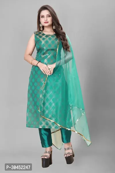 Elegant Teal Woven Design Jacquard A-Line Kurta Pant With Dupatta For Women