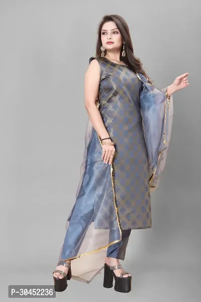 Elegant Grey Woven Design Jacquard A-Line Kurta Pant With Dupatta For Women