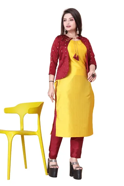 Stylish Soft Silk Kurta With Pant And Koti Set For Women