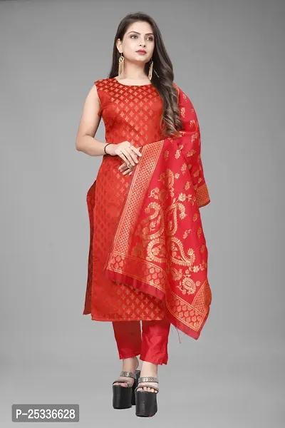 A-Line Red Woven Design Jacquard kurta Set-thumb0