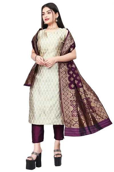 Womens Woven Design Kurta Pant With Dupatta Set