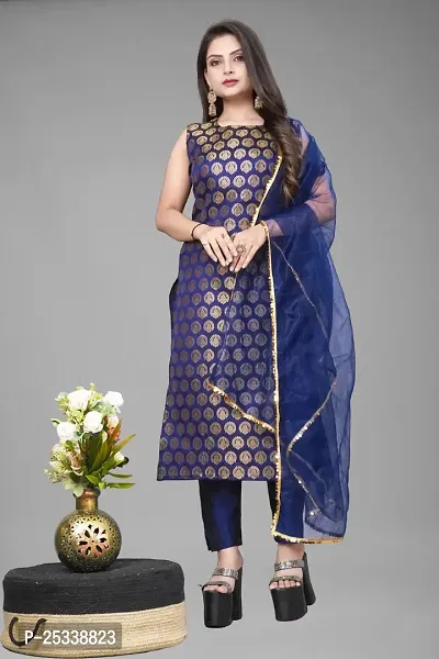 A-Line Navy Blue Woven Design Jacquard kurta Set-thumb0