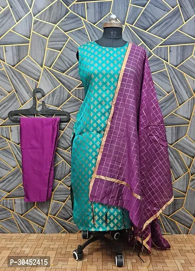 Elegant Teal Woven Design Jacquard Kurta Pant With Dupatta For Women