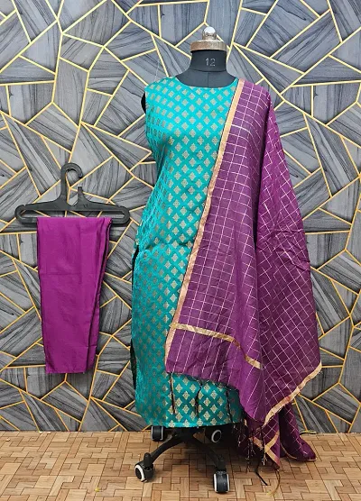 Stylish Jacquard Kurta And Pant With Dupatta Set For Women