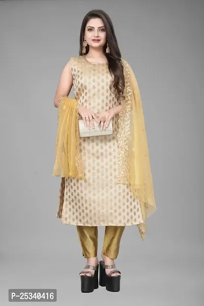 A-Line Beige Woven Design Jacquard kurta Set-thumb0