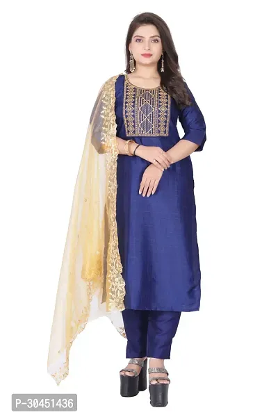 Stylish Navy Blue Silk Kurta, Bottom And Dupatta Set For Women-thumb0