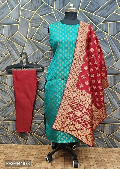 Stylish Teal Jacquard Kurta, Bottom And Dupatta Set For Women