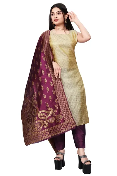 Stylish Fancy Jacquard Unstitched Dress Material Top With Bottom And Dupatta Set For Women