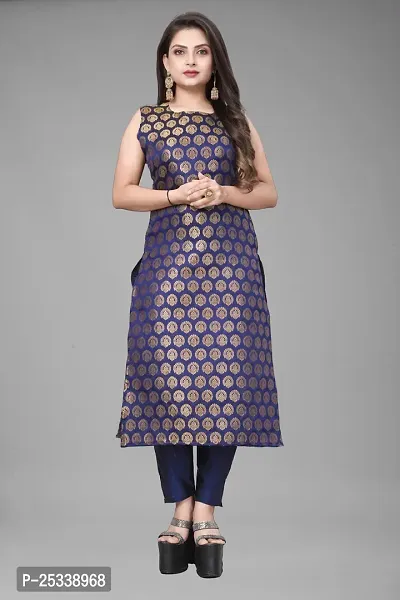 A-Line Navy Blue Woven Design Jacquard kurta Set-thumb2