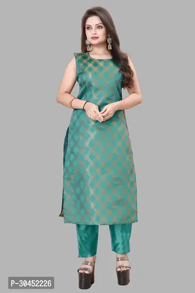 Elegant Teal Woven Design Jacquard A-Line Kurta Pant With Dupatta For Women-thumb2