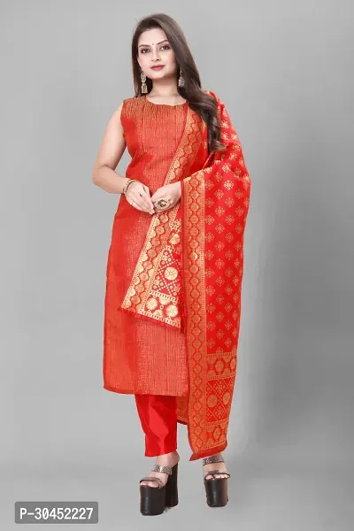 Elegant Red Woven Design Jacquard Kurta Pant With Dupatta For Women