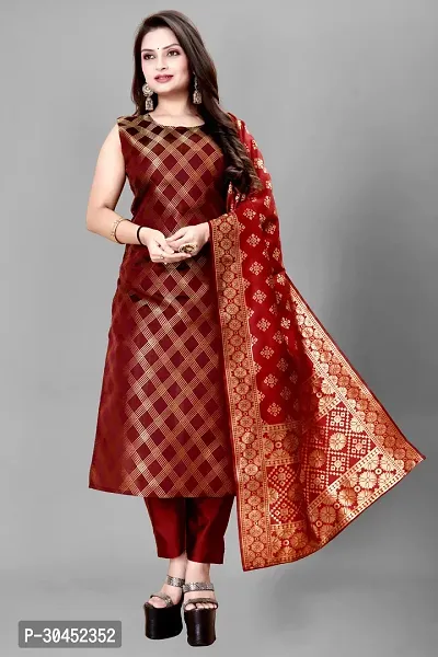 Elegant Maroon Woven Design Jacquard A-Line Kurta Pant With Dupatta For Women