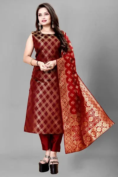 Stylish Jacquard A-Line Kurta Pant With Dupatta Set