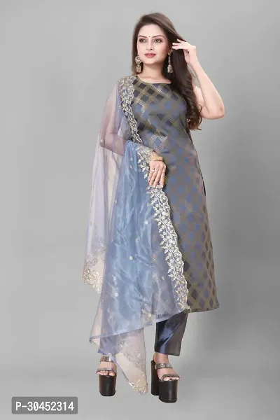 Elegant Grey Woven Design Jacquard A-Line Kurta Pant With Dupatta For Women-thumb0