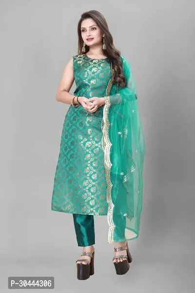 Stylish Teal Jacquard Kurta, Bottom And Dupatta Set For Women