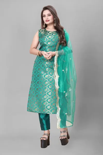 Stylish Jacquard A-Line Kurtis With Bottom And Dupatta Set