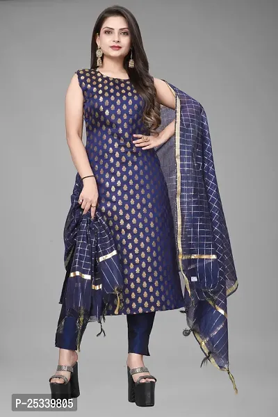 A-Line Navy Blue Woven Design Jacquard kurta Set-thumb0