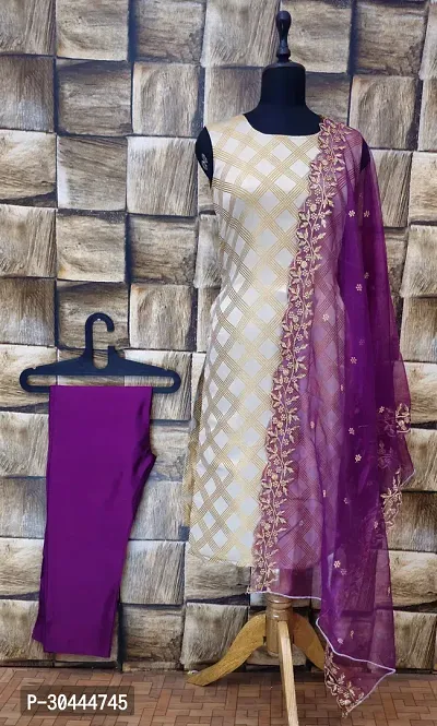 Stylish Cream Jacquard Kurta, Bottom And Dupatta Set For Women