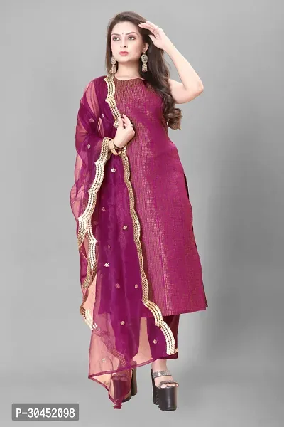 Elegant Purple Woven Design Jacquard Kurta Pant With Dupatta For Women