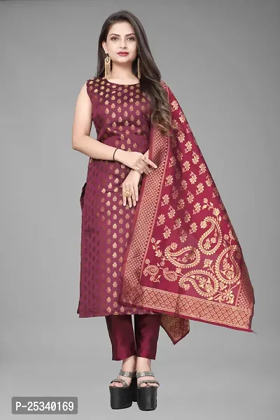 A-Line Maroon Woven Design Jacquard kurta Set-thumb0