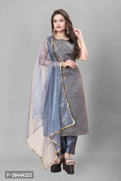 Stylish Grey Jacquard Kurta, Bottom And Dupatta Set For Women