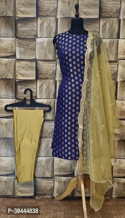 Stylish Navy Blue Jacquard Kurta, Bottom And Dupatta Set For Women