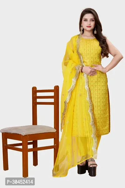 Elegant Yellow Woven Design Jacquard A-Line Kurta Pant With Dupatta For Women-thumb0