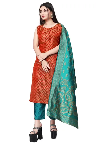 Stylish Jacquard Kurta And Pant With Dupatta Set For Women