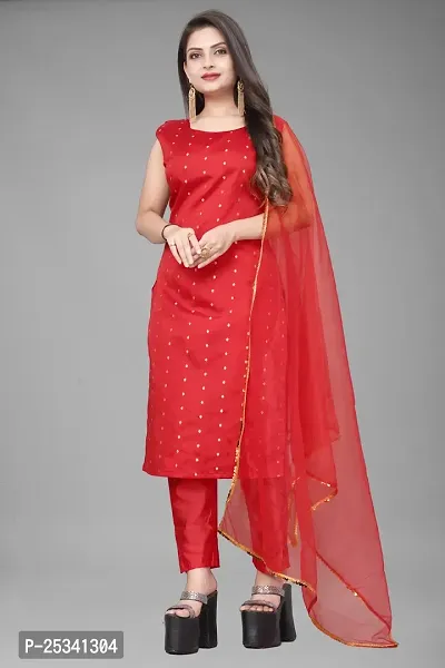 A-Line Red Woven Design Jacquard kurta Set