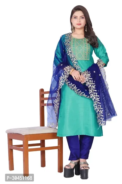 Stylish Green Silk Kurta, Bottom And Dupatta Set For Women