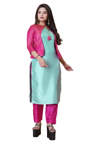 Stylish Soft Silk Kurta With Pant And Koti Set For Women