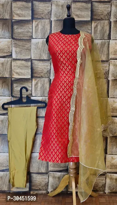 Stylish Red Jacquard Kurta, Bottom And Dupatta Set For Women