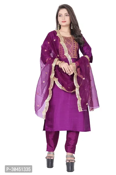 Stylish Purple Silk Kurta, Bottom And Dupatta Set For Women