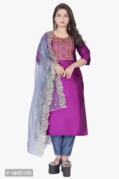 Stylish Purple Silk Kurta, Bottom And Dupatta Set For Women