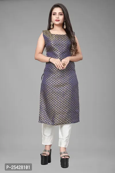 A-Line Navy Blue Woven Design Jacquard Kurti-thumb0