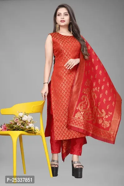 A-Line Red Woven Design Jacquard kurta Set-thumb0